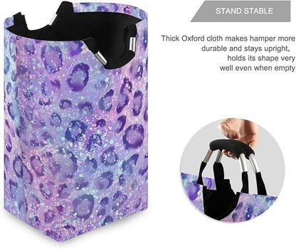 Laundry Hamper Basket Glitter Leopard Purple Storage Basket Collapsible Clothes Hamper with Handle Decorative Blanket Basket for Laundry Room Decor Bedroom Dorm