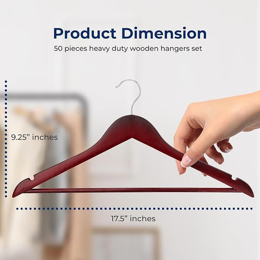 SereneLife 50-Pack Wooden Coat Hangers – Durable Suit Hangers with 360° Swivel Hook & Notches – Slim Design for Shirts, Jackets, Dresses, and More (Cherry)