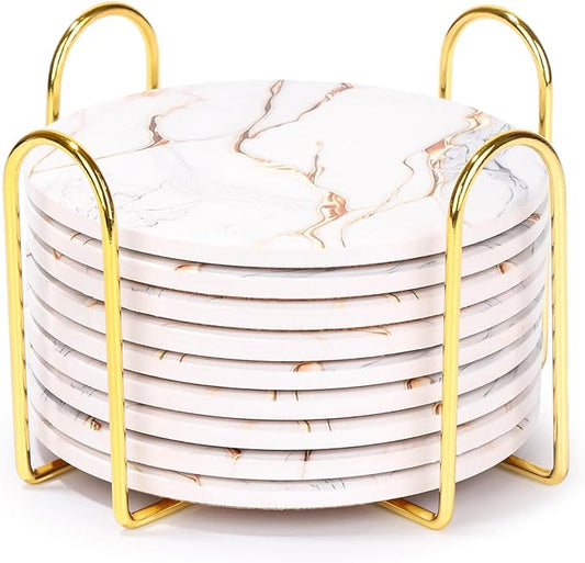 9 Pieces Ceramic Drink Coasters with Holder, Billbotk Absorbent Drink Coasters for Coffee Table, Marble Style Coasters Wooden Table, Suitable for Kinds of Cups, 4 Inches
