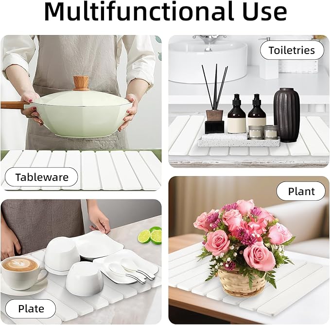 Hoborato Stone Dish Drying Mat, 24"(L)×16"(W) - Fast-Drying, Collapsible Kitchen Counter Mat for Dishes, Cups & Bottles with Sanding Tool + Placemat, White