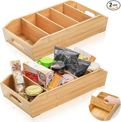 2 Pack Bamboo Pantry Organizers, Storage Bin with Removable Dividers, Divided Snack Oragnizer with Handle, Stackable Cabinet Basket, Drawer Caddy for Kitchen Office Packets Sauce Pouches