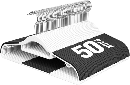 UEAKPIC Plastic Hangers 50 Pack, 16.5 in Heavy Duty Clothes Hangers with 360° Swivel Hook, Non-Slip Bar & 0.2" Ultra-Slim Space-Saving Organizers for Coats, Pants, Suits, Shirts, White & Black