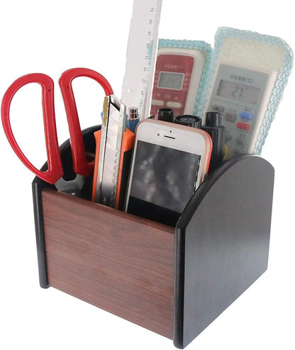Coideal Remote Control Holder Caddy Wood, Rotating Wooden Pen Pencil Holder Organizer Medium Revolving Desktop Office Supplies Storage for Table (4 Compartments)