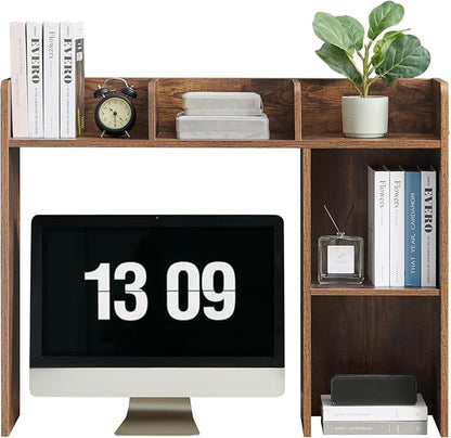 Desktop Bookshelf, Wooden Desk Storage Hutch with 5 Shelves, 3-Tier Desktop Display Organizer Rack for Office Home (Brown, 5 Shelves A)