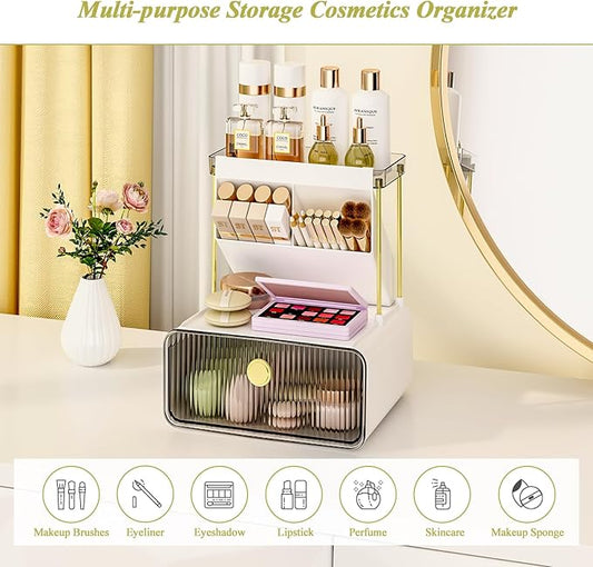FOLLOWIN Bathroom Counter Organizers and Storage with Drawer,Cosmetic Organizer with Make Up Brush Holder,Perfume Makeup Shelf,3-Tier Vanity Storage,Smoky Gray