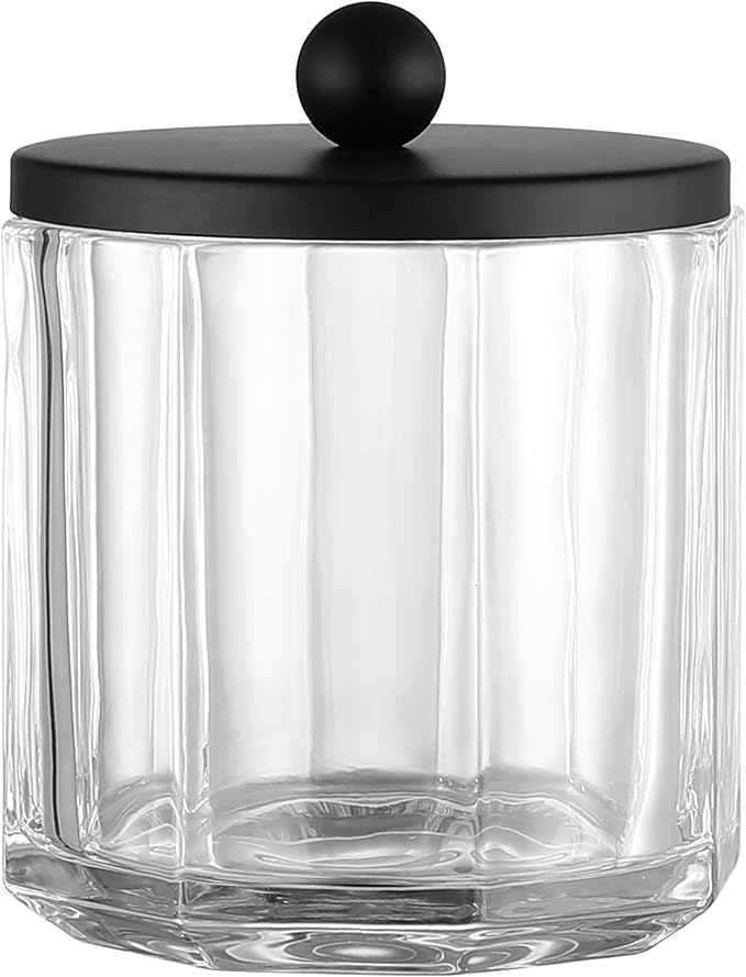 Indecor Home Clear Transparent Apothecary Octagional Shaped Glass Canister Jar With Matte Black Metal Lid Cover for Bathroom Organization, Cotton Balls, Q Tips, and Small Accessories, Bath Storage