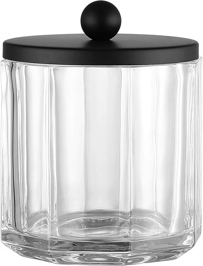 Indecor Home Clear Transparent Apothecary Octagional Shaped Glass Canister Jar With Matte Black Metal Lid Cover for Bathroom Organization, Cotton Balls, Q Tips, and Small Accessories, Bath Storage