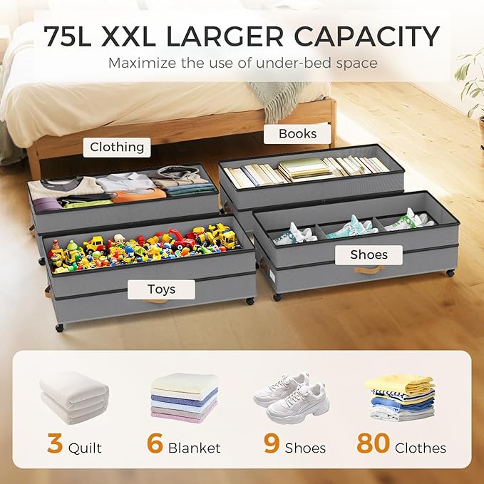 BETBEM Under Bed Storage with Wheels 2-Pack, 75L XXL Under the Bed Storage Containers Large, 12" Tall Adjustable Storage for Underbed with Lids, Rolling for Shoes, Clothes, Blankets (Grey)