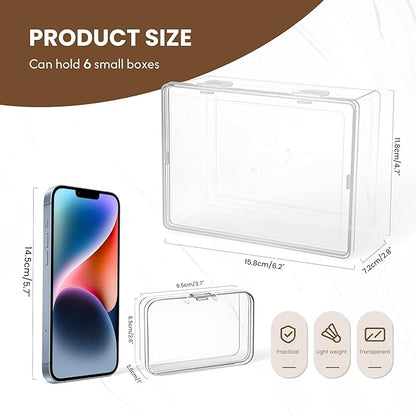 6-Pack Large Clear Plastic Storage Boxes with Master Case – Business Card Organizer System for 500+ Cards, Portable Hard Cases for USB Drives, Crayons, 3" Hardware & Crafts – 3.8" x 2.6" x 1"