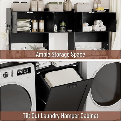 Over The Washer and Dryer Storage Cabinet, Laundry Room Organizer Standing Shelf with Tilt-Out Laundry Hamper Cabinet and Hooks, Space Saving Laundry Room Cabinets