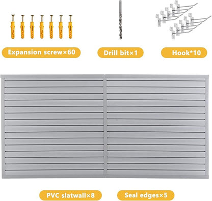 Heavy Duty PVC Slatwall Garage Organizer System, 8ft x 4ft Wall Mounted Panel Kit with 10 Hooks, 75lb/sq ft Capacity, Charcoal Grey Tool Storage Rack for Workshop & Retail Display
