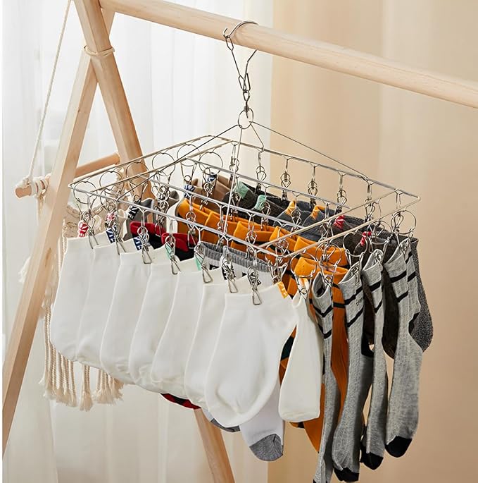 JPORSHU Sock Folding Stainless Steel Sock Drying Rack with 46 Clips,Metal Sock Hangers with Clips，360 DegreesSwivel Hook Wind-Proof Clothes Hanger Rack,for Sock, Bras, Underwear, Laundry Accessories