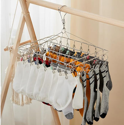 JPORSHU Sock Folding Stainless Steel Sock Drying Rack with 46 Clips,Metal Sock Hangers with Clips，360 DegreesSwivel Hook Wind-Proof Clothes Hanger Rack,for Sock, Bras, Underwear, Laundry Accessories
