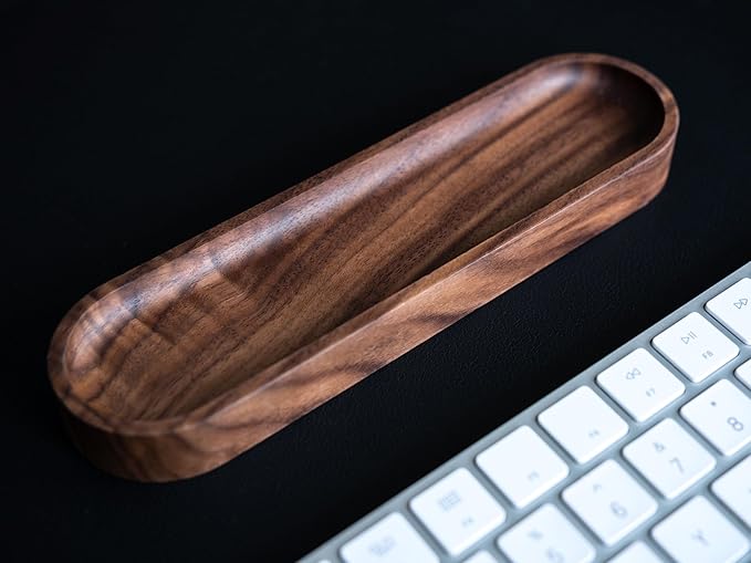 Walnut Wood Pen Tray, Minimalist Oval Wooden Pencil Holder, Office Desk Organizer, Writing Instrument Rest, Work Student Teacher Gift
