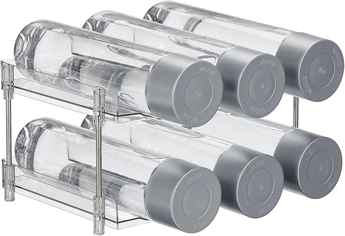 mDesign Free-Standing Stackable 2-Tier Bottle Holder, 8 Small Bottles or 6 Large Bottles of Water, Wine - Drink Organizer Shelf for Kitchen Countertop, Cabinet, Pantry, Fridge, Freezer, Clear/Polished
