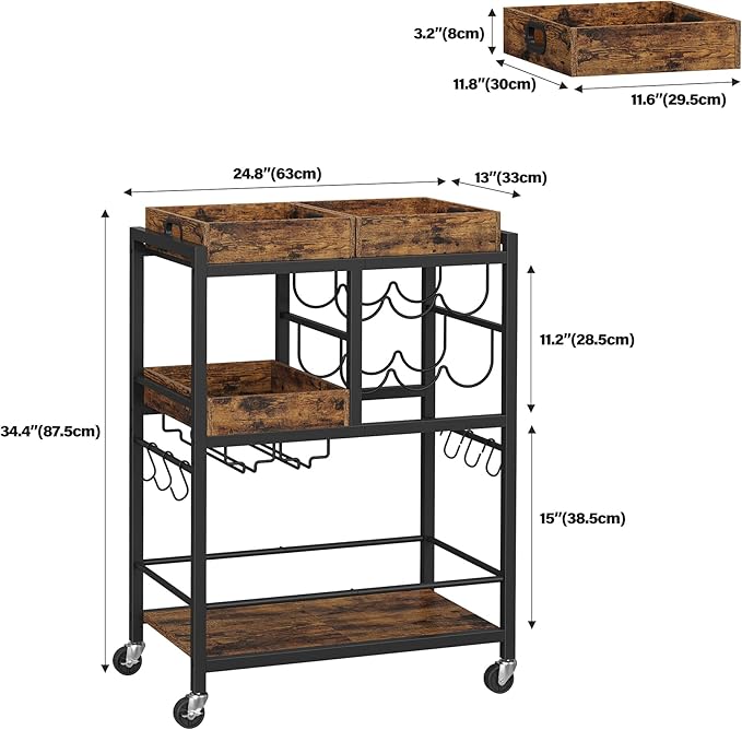 TUTOTAK Bar Cart, Home Bar Serving Cart, 3-Tier Kitchen Cart on Wheels, Rolling Beverage Cart with Wine Rack and Glass Holder, Brown BC01BB037