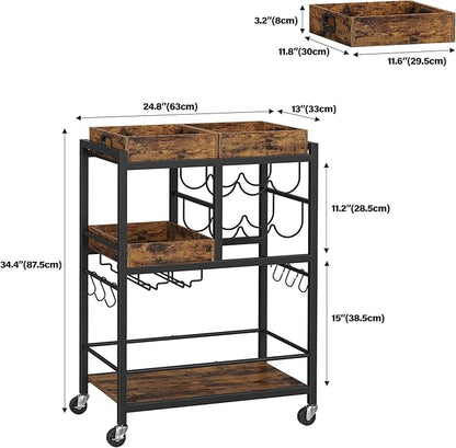 TUTOTAK Bar Cart, Home Bar Serving Cart, 3-Tier Kitchen Cart on Wheels, Rolling Beverage Cart with Wine Rack and Glass Holder, Brown BC01BB037