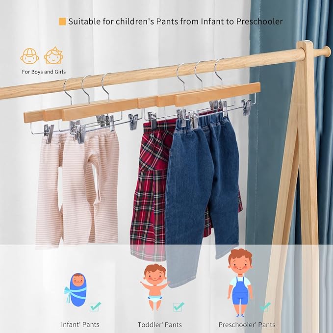 Nature Smile Kids Solid Wooden Pants Hangers,Baby Toddler Children Wood Skirts Hangers,Trousers Bottom 11.8 inches Hangers with 2-Adjustable Clips Anti-Rust Hook Pack of 20 (Natural)