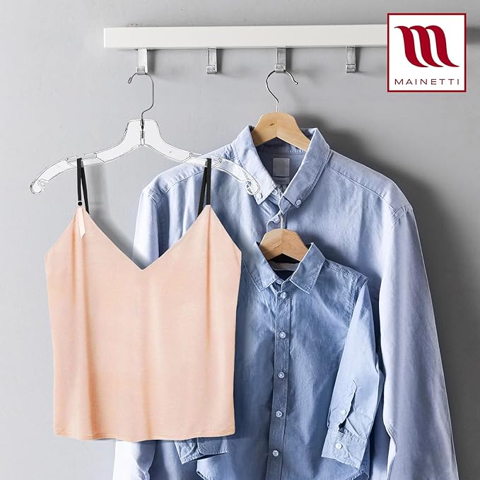 Mainetti 5400SCR Clear Plastic Hangers - 20 Pack with 360 Swivel Metal Hook and Notches for Straps, Great for Shirts/Tops/Dresses/Jackets, 17-Inch