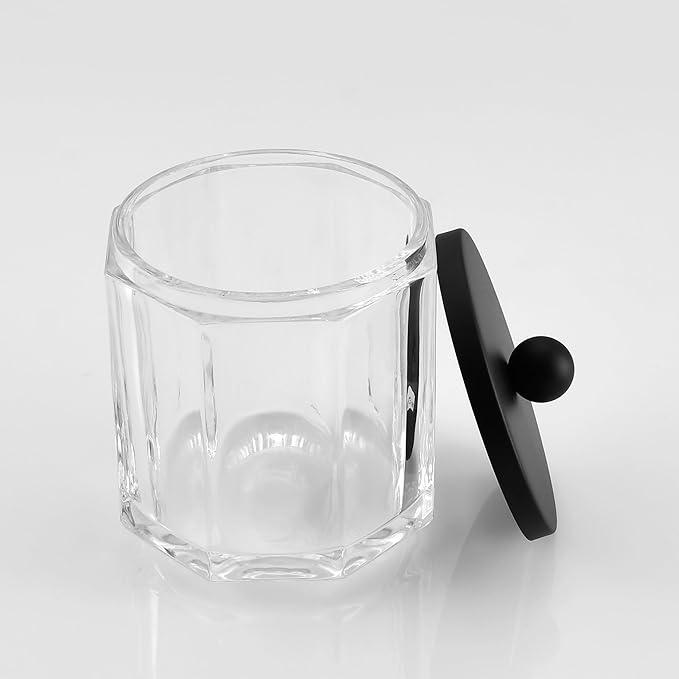 Indecor Home Clear Transparent Apothecary Octagional Shaped Glass Canister Jar With Matte Black Metal Lid Cover for Bathroom Organization, Cotton Balls, Q Tips, and Small Accessories, Bath Storage