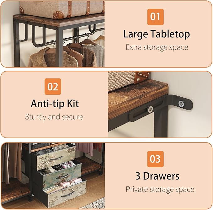 Garment Rack Heavy Duty Clothes Rack for Hanging Clothes, Freestanding Clothing Rack with 3 Fabric Drawers, Wood Stoarge Shelf, Adjustable Closet Racks, Corner L Shaped Closet System Organizers, Retro
