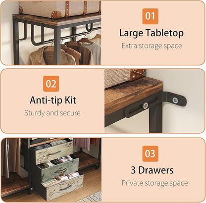 Garment Rack Heavy Duty Clothes Rack for Hanging Clothes, Freestanding Clothing Rack with 3 Fabric Drawers, Wood Stoarge Shelf, Adjustable Closet Racks, Corner L Shaped Closet System Organizers, Retro