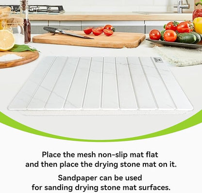 Large Stone Dish Drying Mats for Kitchen Counter - 24"(L)×16"(W) Quick Dry Collapsible Dish Drying Mat for Dishes Bottles Cups, Eco-friendly Diatomaceous Earth Absorbent Mat for Any Countertop Marble