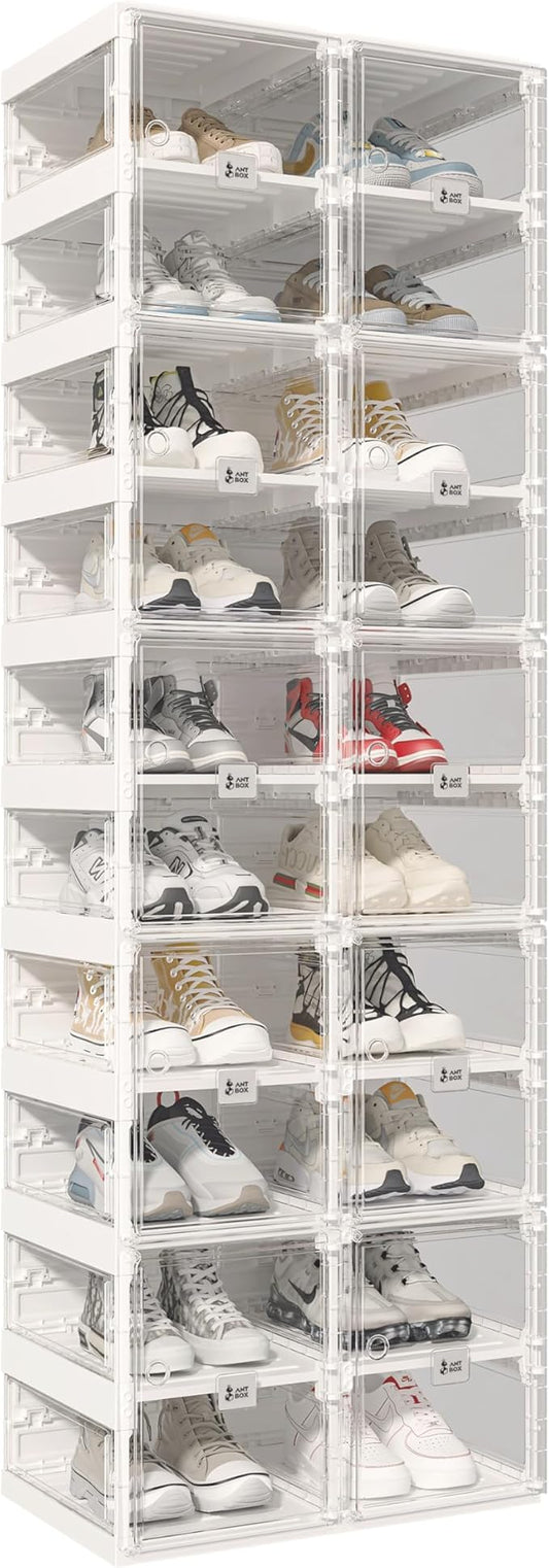 ANTBOX Foldable Shoe Rack,Shoe Organizers for Closet Plastic Shoe Storage Box Space Saving for Entryway, Large Sturdy Stackable Sneaker Cabinet Bins with Magnetic Clear Door 10 Tiers 20 Pairs