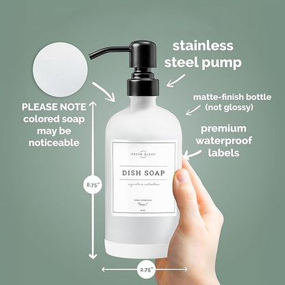 Vine Creations White Glass Soap Dispenser, 2 Pack Kitchen Soap Dispenser Set with Stainless Steel Pump, 16 oz Dish Soap and Hand Soap Dispensers for Bathroom with Waterproof Labels