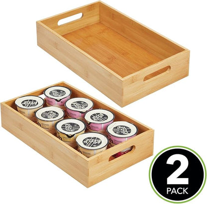 mDesign Wide Bamboo Kitchen Cabinet & Fridge Drawer Organizer Tray - Storage Bin with Handles for Cutlery, Serving Spoons, Cooking Utensils, Appliances - Echo Collection, 2 Pack, Natural Wood