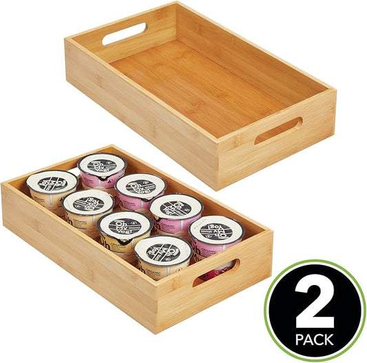 mDesign Wide Bamboo Kitchen Cabinet & Fridge Drawer Organizer Tray - Storage Bin with Handles for Cutlery, Serving Spoons, Cooking Utensils, Appliances - Echo Collection, 2 Pack, Natural Wood