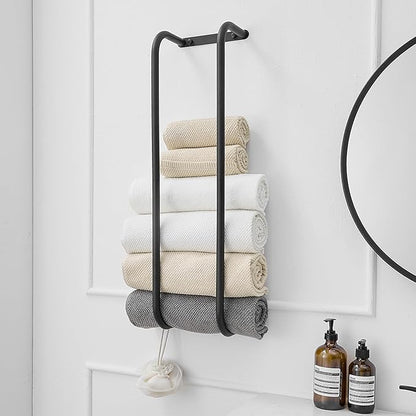 BWE Black Towel Racks for Bathroom, Stainless Steel Towel Holder for Rolled Towels, Wall Mounted Bathroom Towel Storage Holds Up 6 Large Bath Sheets, with 2 Hooks