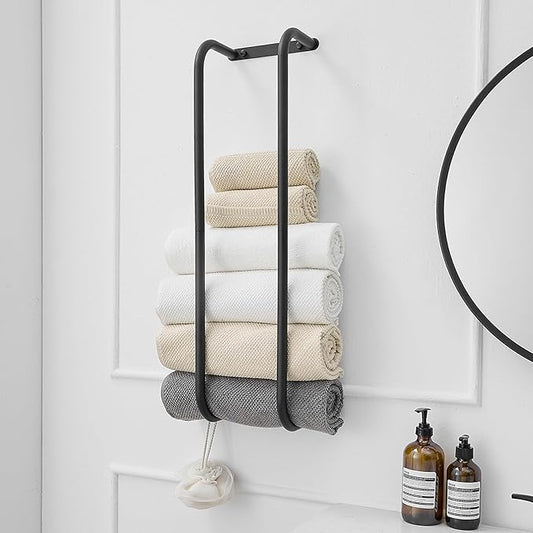 BWE Black Towel Racks for Bathroom, Stainless Steel Towel Holder for Rolled Towels, Wall Mounted Bathroom Towel Storage Holds Up 6 Large Bath Sheets, with 2 Hooks