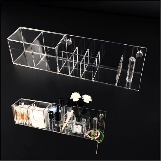 YQUQAQN Wall-Mountable Arylic Makeup Organizer for Bathroom Countertop Organizer with 9 Slots for Small Items Clear Bathroom Storage Accessories 1 Pack with Decorative Screws