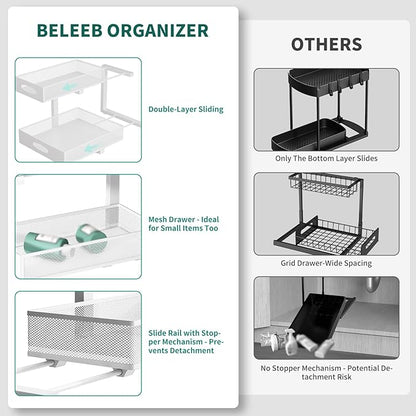 Under Sink Organizer, Extra-Wide Upgrade, 2 Pack 2 Tier Metal Slide Out Cabinet Organizer, Height Adjustable Organization and Storage Series, Bathroom/Cabinet/Kitchen organization, White