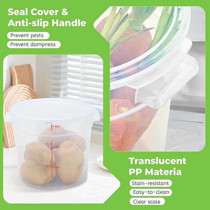 BIEAMA 4 Pack Round Food Storage Containers with Lids, 6Qt Translucent Commercial Food Container, Polypropylene, BPA Free, Includes Labels & Measuring Cups