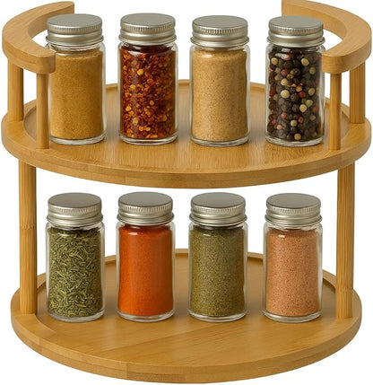 Wooden Rotating Spice Rack - 2 Tier Lazy Susan Turntable Spice Organizer for Countertop & Pantry - Portable & Space-Saving Rotating Storage Rack for Kitchen with 360° Rotating Feature