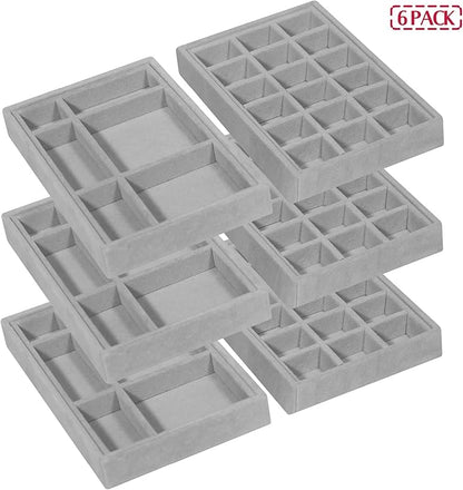DIOMMELL 6 Pack Stackable Velvet Jewelry Trays Organizer, Jewelry Storage Box Display Trays Showcase Holder Closet Dresser Drawer Organizer for Earring Necklace Bracelet Ring Accessary, Grey