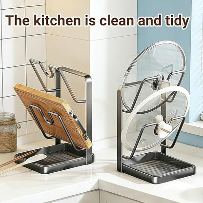Kitchen Pot Lid Storage Rack for stove top 304 Stainless Steel Pot kitchen pot lid storage – Space-Saving Rack with Removable Drip Tray for Lids & Utensils Double layered Black