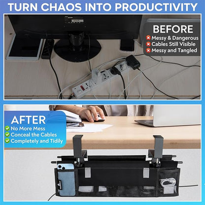 Fabric Under Desk Cable Organizer - Desk Cord Organizer with 20-Piece Cable Management Kit, Easy Installation with Clamp or Screw Mount for Standing Desk Cable Management, Home and Office