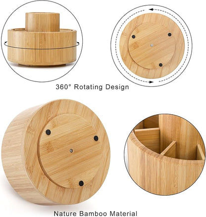 SOUJOY Bamboo Pen Holder Organizer, 360°Rotating Art Supply Organizer with 11 Compartments, Color Pencil Storage Caddy, Hold 200+ Pencils, Office Desk Stand Box for Marker Pens, Pencil, Art Brushes