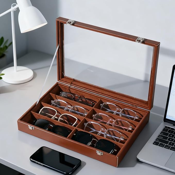 XHMQYC Glasses Holder Box Drawer Sunglass Organizer for Men Clear Wide Storage Case 8 Slots Multiple Reading Glasses Display, Brown Leather With Clear Glass Lid