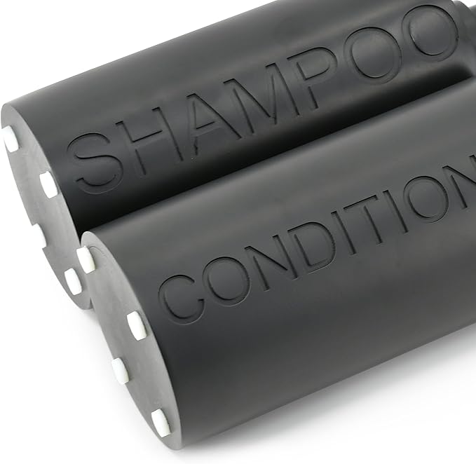 2-Pack Matte Black Resin Refillable Shampoo & Conditioner Bottles – Modern Bathroom Pump Dispenser Set, Durable Resin Shower Containers with Embossed Labels, Reusable Pump Bottle