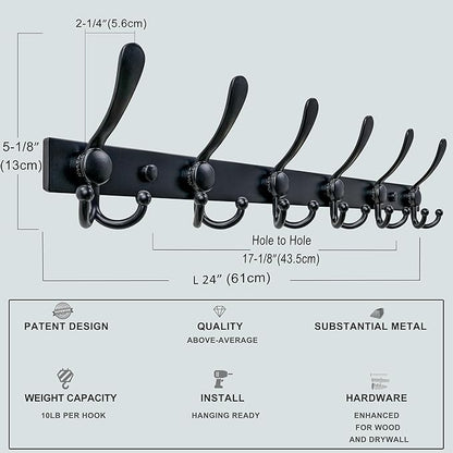 Dseap Coat Rack Wall Mount 2.0 Pro: 24” Long, 3X Tougher, Heavy Duty Stainless Steel Wall Coat Hanger with 6 Tri Hooks for Clothes Jackets Hats Entryway Closet, Black, Pack of 2