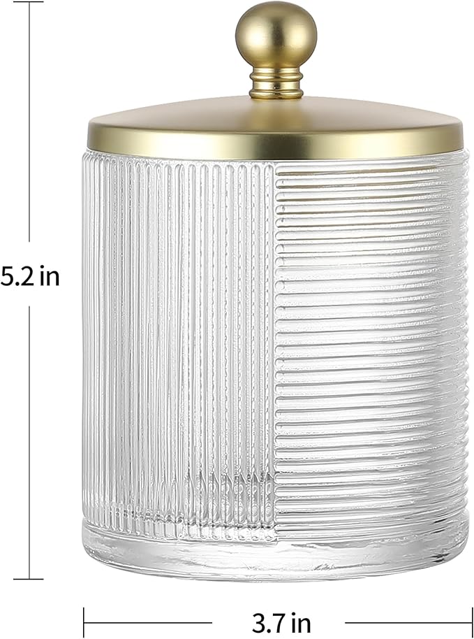 Indecor Home Clear Transparent Apothecary Ribbed Geometric Etched Glass Jar W/Gold Lid Cover for Bathroom Organization, Cotton Balls, Q Tips, and Small Accessories, Bathroom Storage