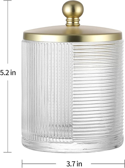 Indecor Home Clear Transparent Apothecary Ribbed Geometric Etched Glass Jar W/Gold Lid Cover for Bathroom Organization, Cotton Balls, Q Tips, and Small Accessories, Bathroom Storage