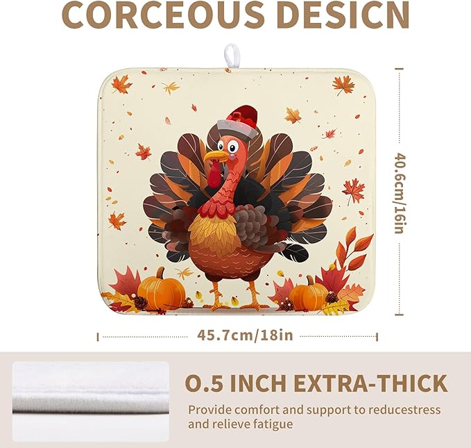 Wnoesat Thankgiving Dish Drying Mat for Kitchen Counter 16x18 Inch Fall Orange Turkey Maple Leaf Pumpkin Absorbent Microfiber Dish Rack Mat Autumn Thankgiving Dish Drying Pad for Coffee Bar Sink