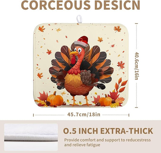 Wnoesat Thankgiving Dish Drying Mat for Kitchen Counter 16x18 Inch Fall Orange Turkey Maple Leaf Pumpkin Absorbent Microfiber Dish Rack Mat Autumn Thankgiving Dish Drying Pad for Coffee Bar Sink
