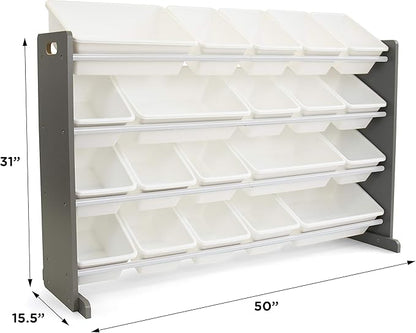 Humble Crew Extra-Large Toy Organizer with 20 Plastic Bins – Grey/White Storage Rack with 4-Tier Shelves, Anti-Tip Safety, for Kids’ Rooms, Playrooms, Nurseries & Classrooms