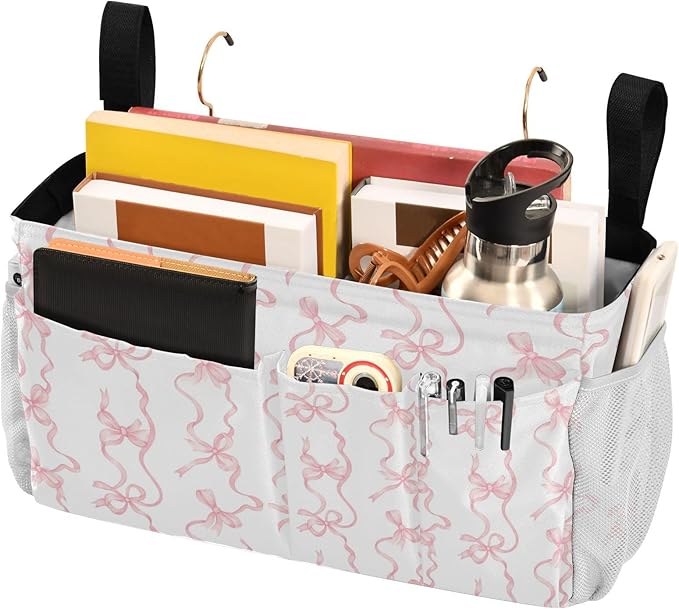 Jihqo Bedside Caddy Hanging Storage Bag Watercolor Bows Bedside Organizer Caddy for Bunk, Dorm Room, Hospital Beds - Place Magazines / Remotes / Keys